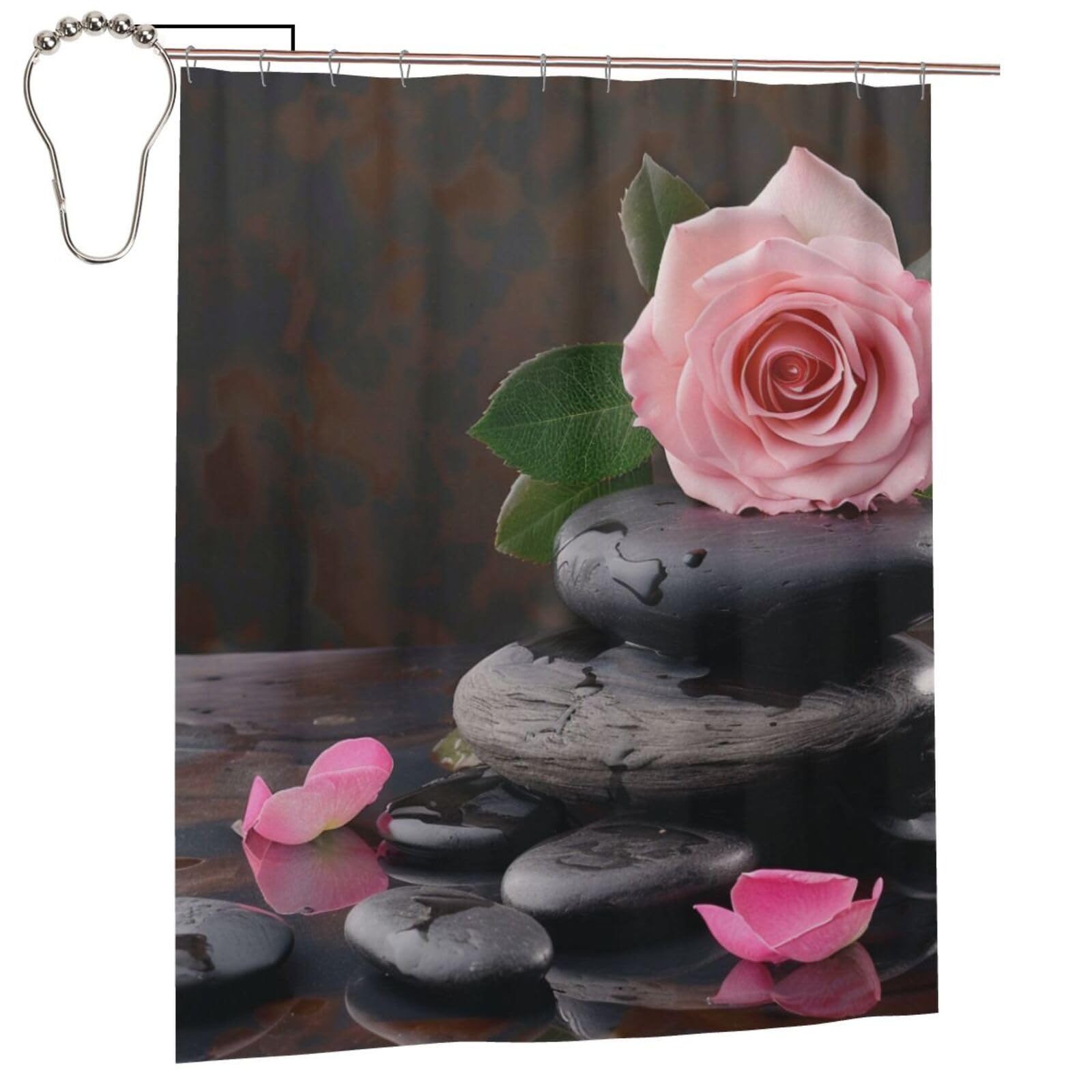 BWWHCCTI Spa Stone And Rose Flowers Printed Shower Curtain With 12 Iron Hooks Opaque Quick Drying Waterproof Shower Curtains Sets For Bathroom 152x183 Cm