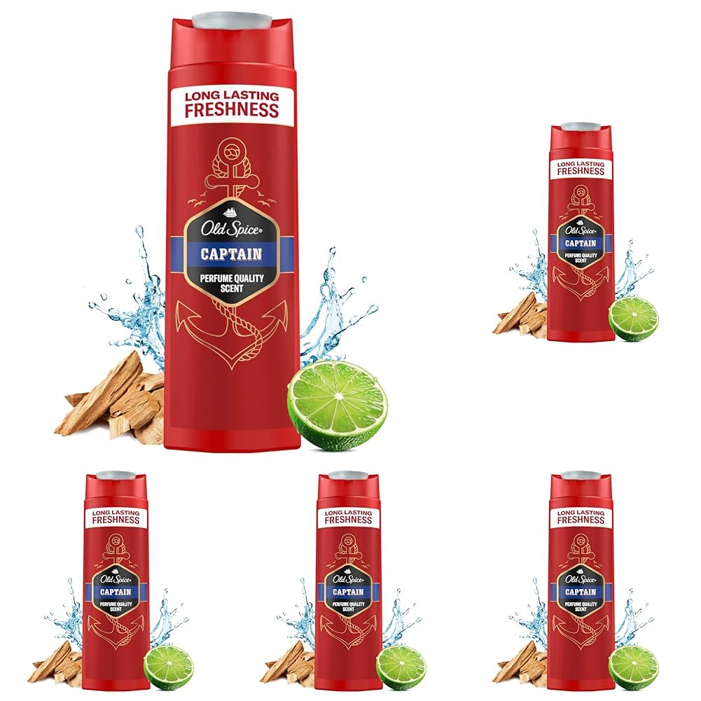 Old Spice Captain 3-in-1 Duschgel & Shampoo für Männer (250 ml), Körper-Haar-Gesichtsreinigung Männer, lang anhaltend Frisch, Zitrone, Sandelholz und Seeluft (Packung mit 5)