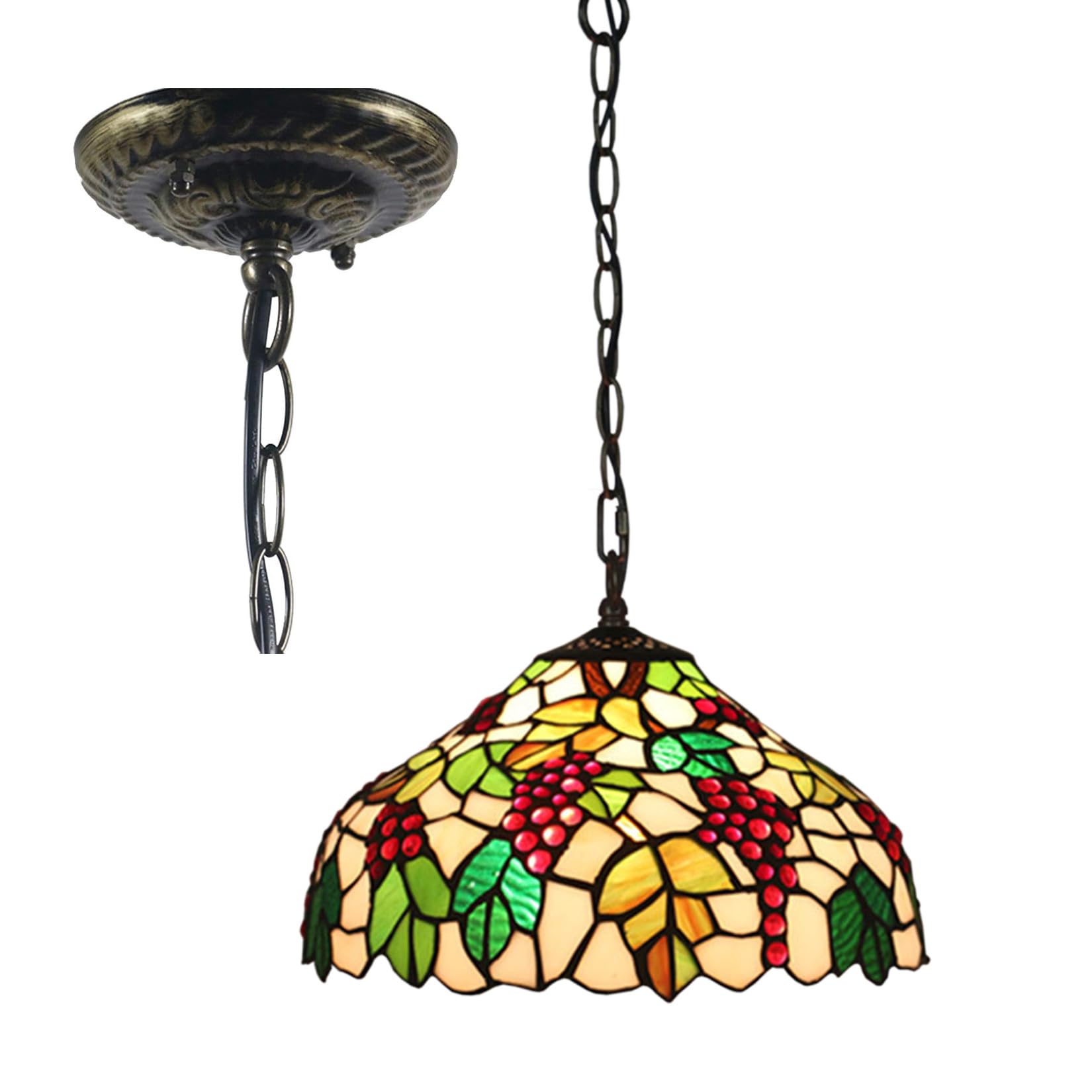 Suspension Tiffany en verre teinté, abat-jour suspendu, feuille de vigne rouge et verte, décoration d'intérieur, lustre large de 30,5 cm de hauteur, 99,1 cm pour cuisine, salle à manger, plafond, cha