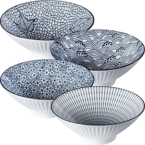Dyware 38 oz Japanese Ramen Bowls Set of 4, Large Pho Bowls, 8 Inch Ceramic Blue and White Soup Bowls, Mixing Pattern