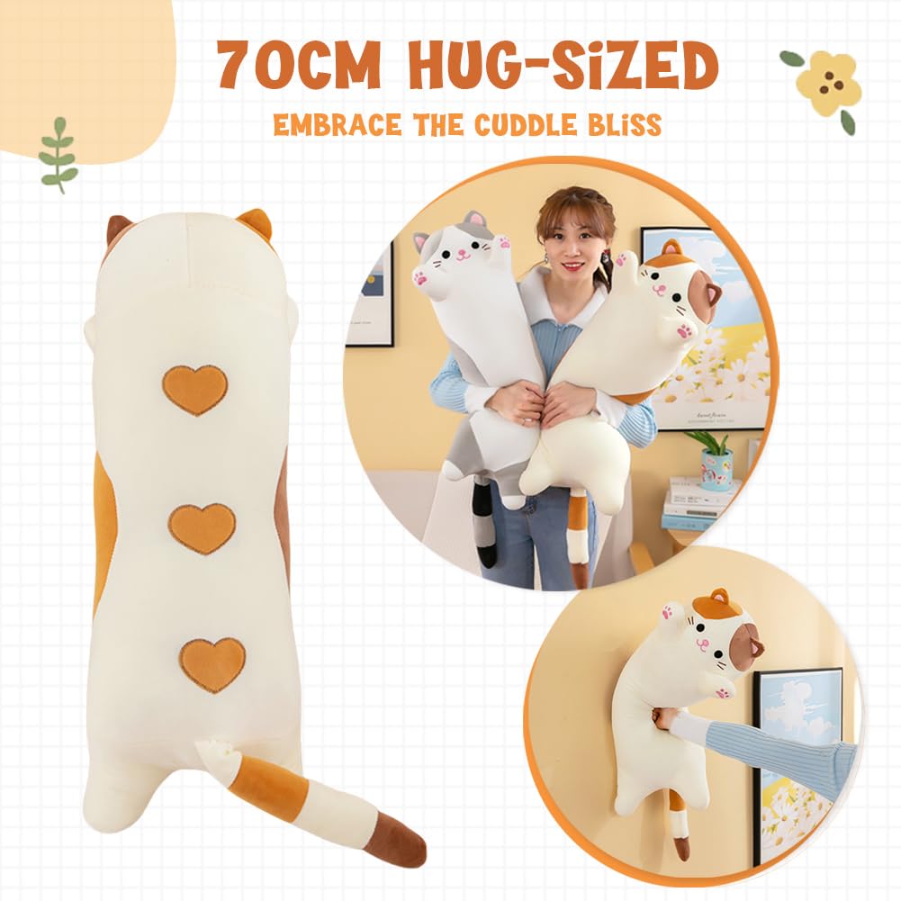 Oeonuas Cute Cat Plush Long Body Pillow Cuddle Cartoon Stuffed Animals Cat Plushie Soft Doll Pillows Gifts for Kids Girls (Orange, 27"): New Gray-27 Inch