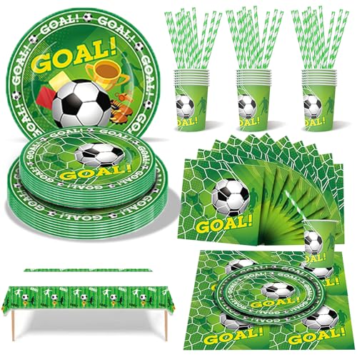 Kit Décoration Anniversaire Football 144 Pièces - Pour 20 Invités - Nappe, Assiettes, Ballons, Vaisselle Complète