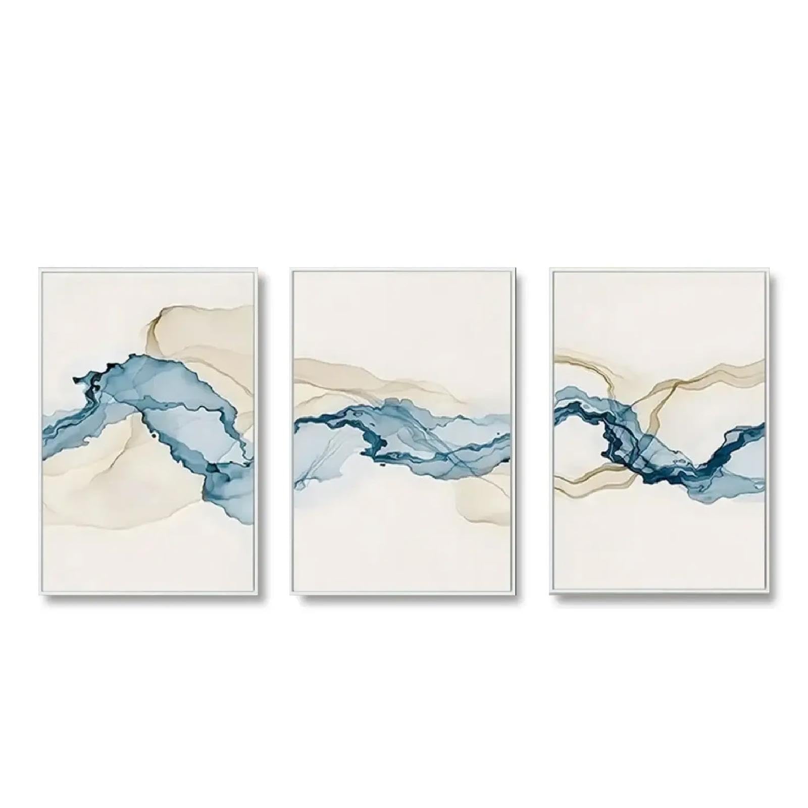 3er Abstrakt Poster Set Blau Wandbilder Kunst Leinwandbilder Modern Einfach Kunstdruck Deko Wandbilder für Schlafzimmer Küche Esszimmer Badezimmer und Büro 50x70 cm (mit Weiß Rahmen)