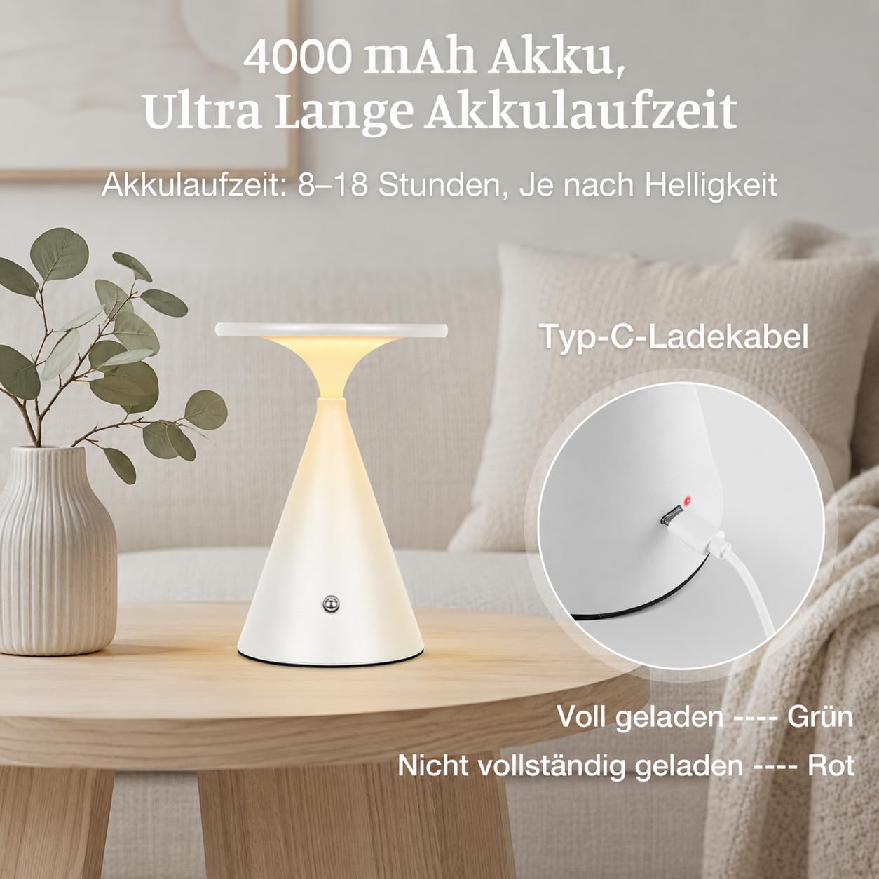 Rosnek Tischlampe Kabellose LED, 4000mAh Dimmbare Akku Tischleuchte, Outdoor/Indoor Touch Lampe, 3 Farb Unbegrenztes Dimmen Stylische Tischlampe, Lampe Akku für Innen & Außenbereich (Weiß, 2er Pack)