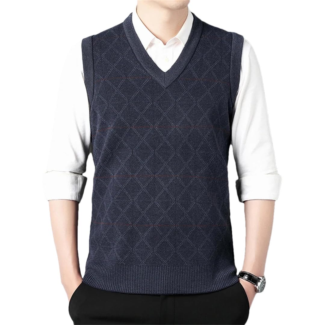 Chaleco de punto de lana básica gruesa de invierno para hombre, con rombos y cuello en V vintage