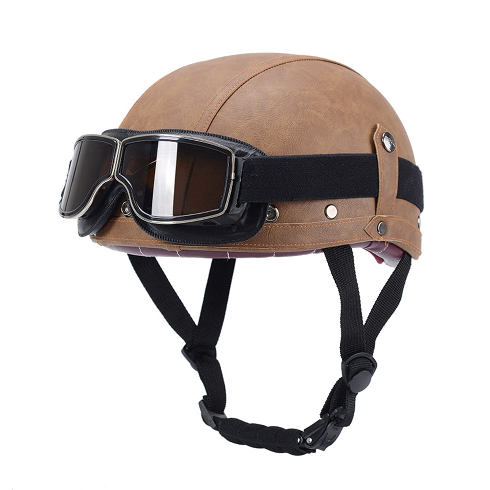 SDKUing Leather Helmet with Goggles, DOT Approved Men and Women Motorcycle Half Helmets, Vintage Open Face Helmets Skull Style Safe Protect Helmet for Cruiser Scooter Touring, 53-61CM