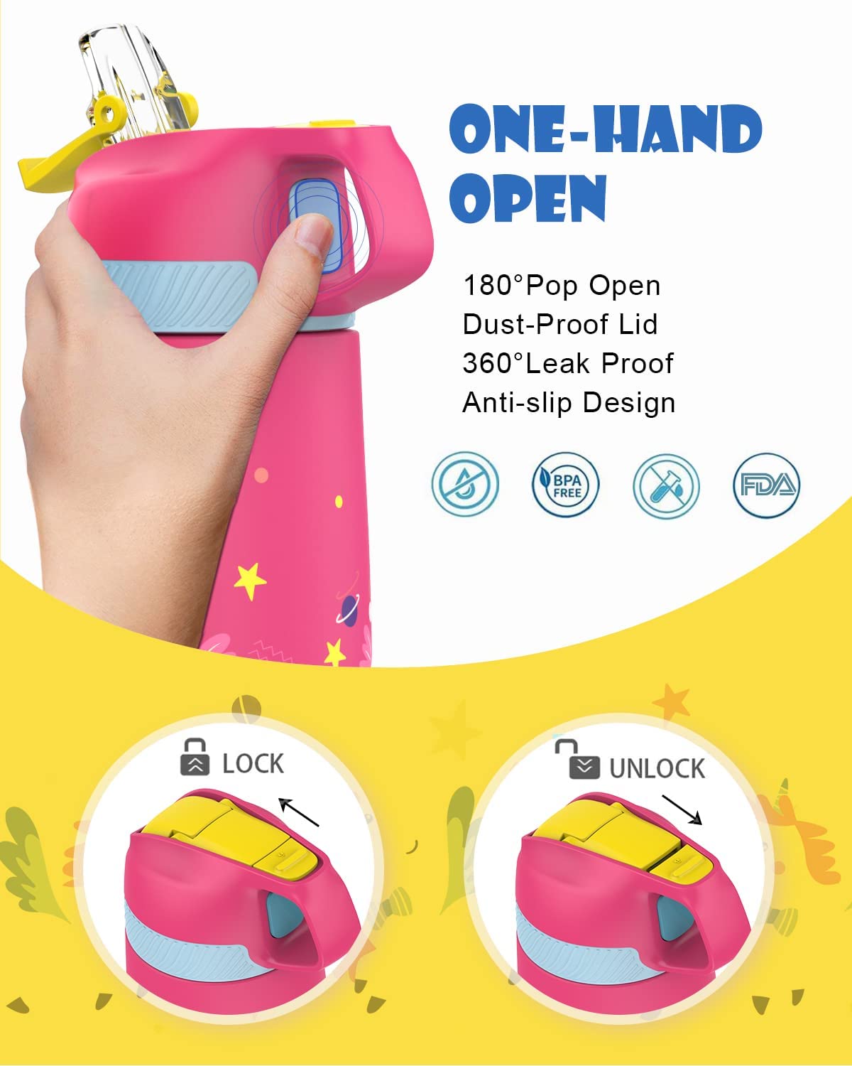 FEIJIAN Borraccia Bambini acciaio inox con cannuccia, Senza BPA- 350ml