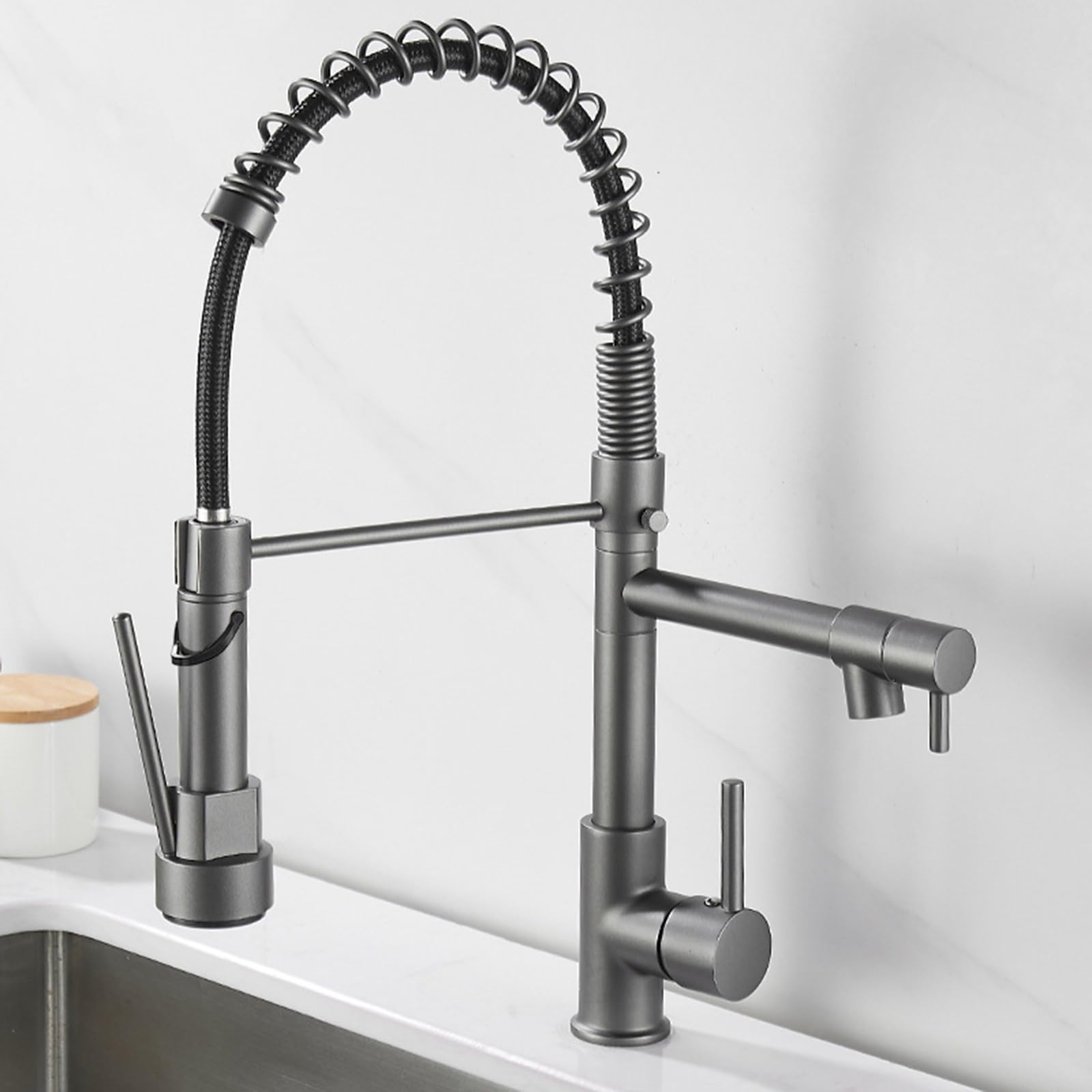 ZYCHSJXA Kitchen Tap Spring Telescopic Sprayer 360° Rotation Flexible Spout Brass-Grey
