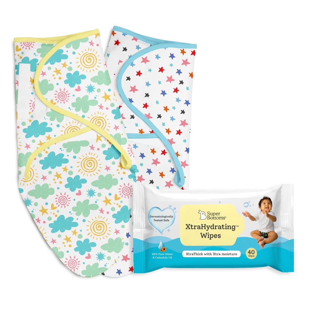 superbottoms 2 Dry Feel Swaddle Wrap with 3X Thicker Premium Wet Wipes | Dry Feel Layer Inside | Easy to Wear Wrapper | 98% Pure Water | Doctor Tested Best Baby Wipes (Unscented) - 40 Wipes | 0-3 M