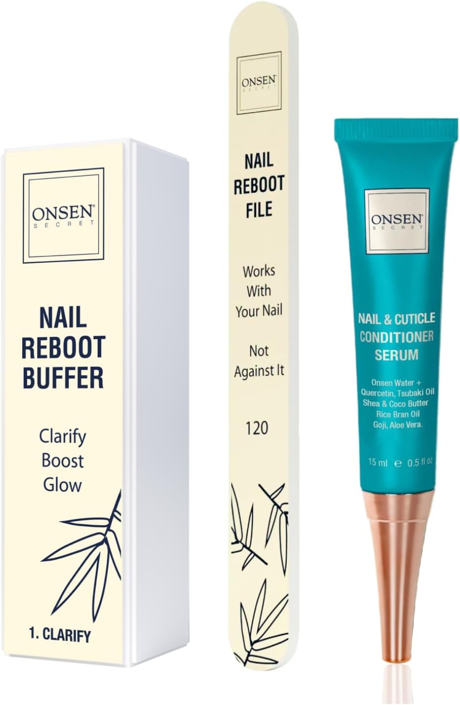 Onsen Japanese Nail File Buffer Sparkle-KIT 1.0, A Free 120/180 Grit Nail File,3-Way Buffer Block, Cuticle Serum with Cuticle Oil in Action-15ml, Optimum Care Series