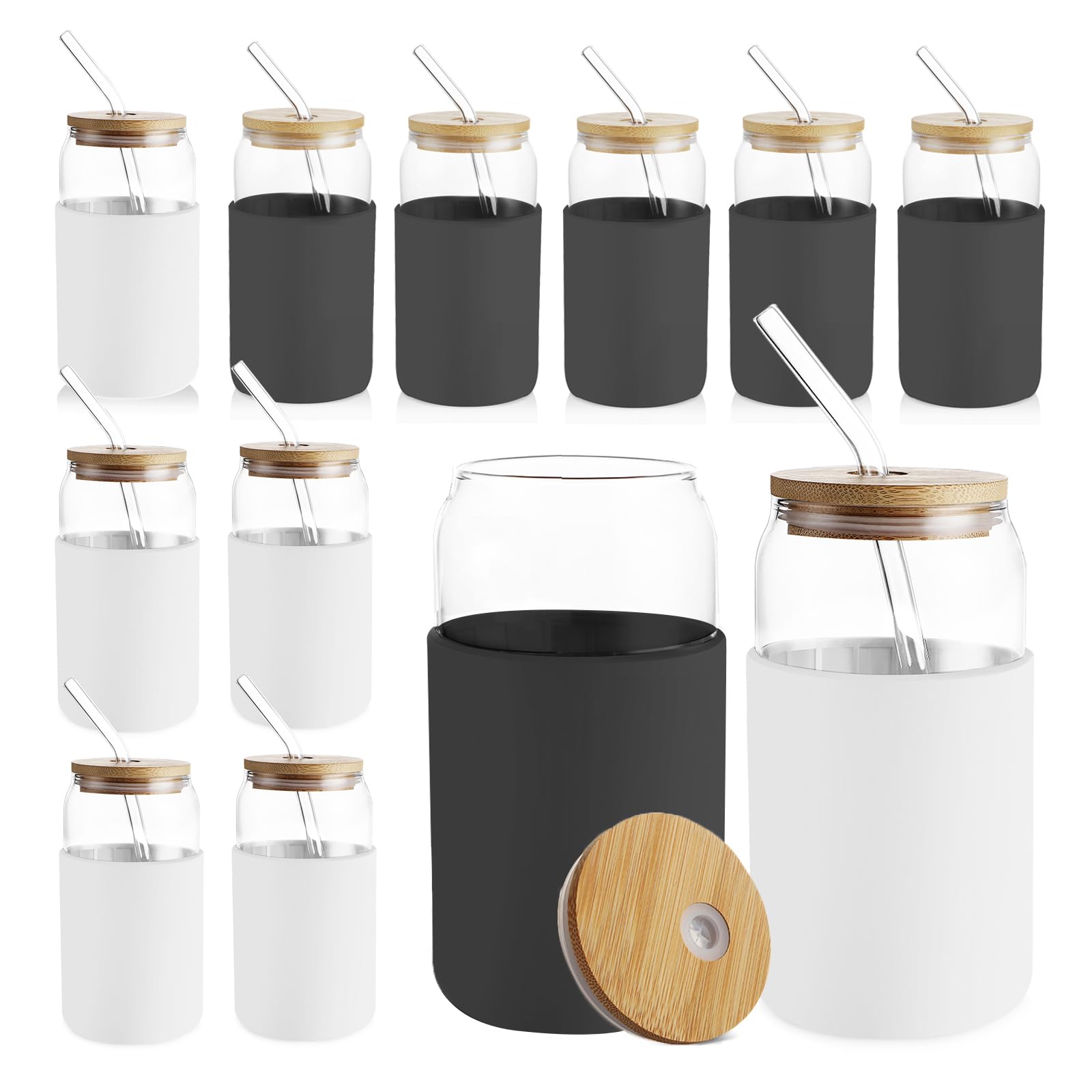Glass Cups with Bamboo Lids and Straws 12 Set, 20oz Can Shaped Cute Tumbler Cup with Cleaning Brushes, Beer Glasses, Iced Coffee Cups with Black & White Silicone Protective Sleeve BPA Free
