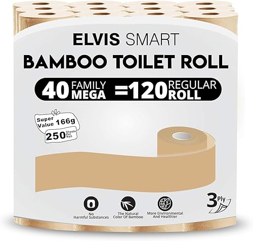 Elvissmart Papel higiénico de bambú, 40 megarrollos 120 rollos regulares, papel de baño, 40 rollos (total de 10000 hojas)