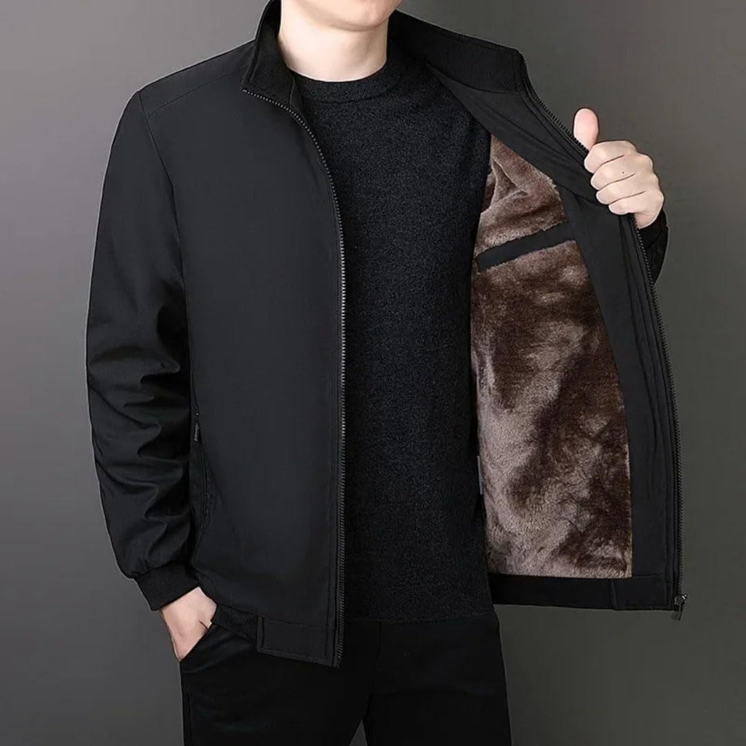 Men's Winter Solid Color Thick Fleece Plus Size Stand Collar Warm Jacket