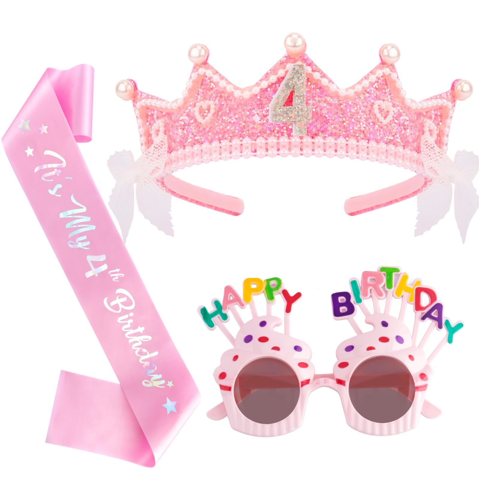 Giyehehi 3-Piece 4th Birthday Decoration Set for Girls, 4th Birthday Outfit with Sash, Crown and Glasses for Girls, Birthday Gift, Party Accessories, Birthday Decorations