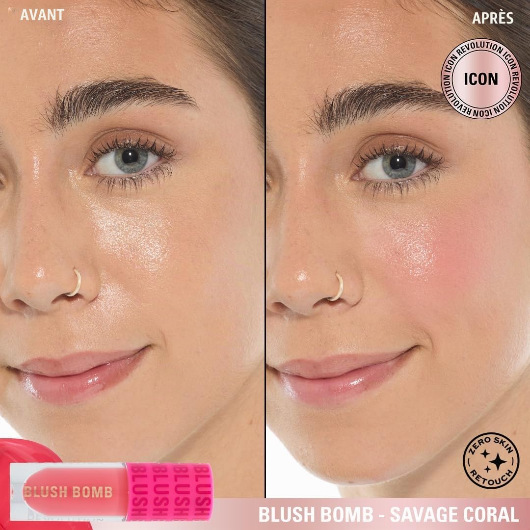 Revolution Beauty, Blush Bomb Cream Blusher, Lightweight Makeup & Creamy Formula for a Dewy Finish, Enriched with Vitamin E, Savage Coral, 0.15 Fl. Oz.