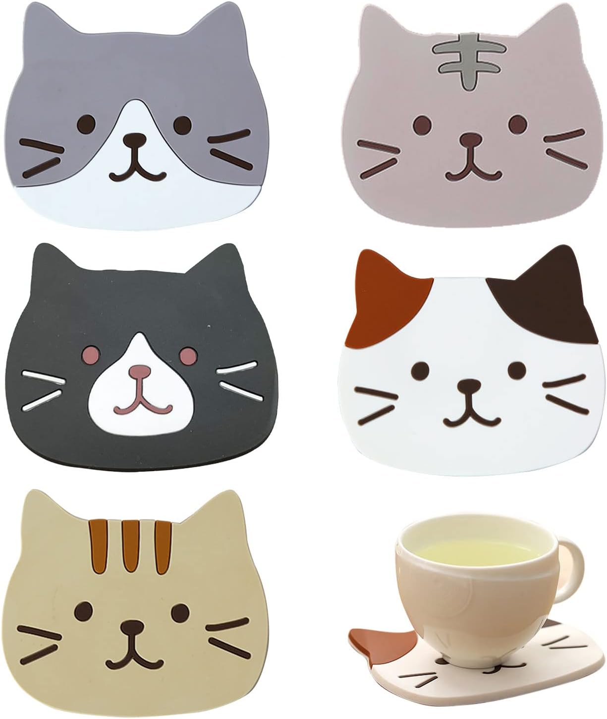 TSHAOUN 5 PCS Cute Cat Cup Coasters, Reusable Silicone Drink Coasters Non Slip, Washable Heat Resistant Glass Cup Rubber Pad Mat Novelty for Wine Tea Glass, New Home Kitchen Decor Gift (5 Colors)