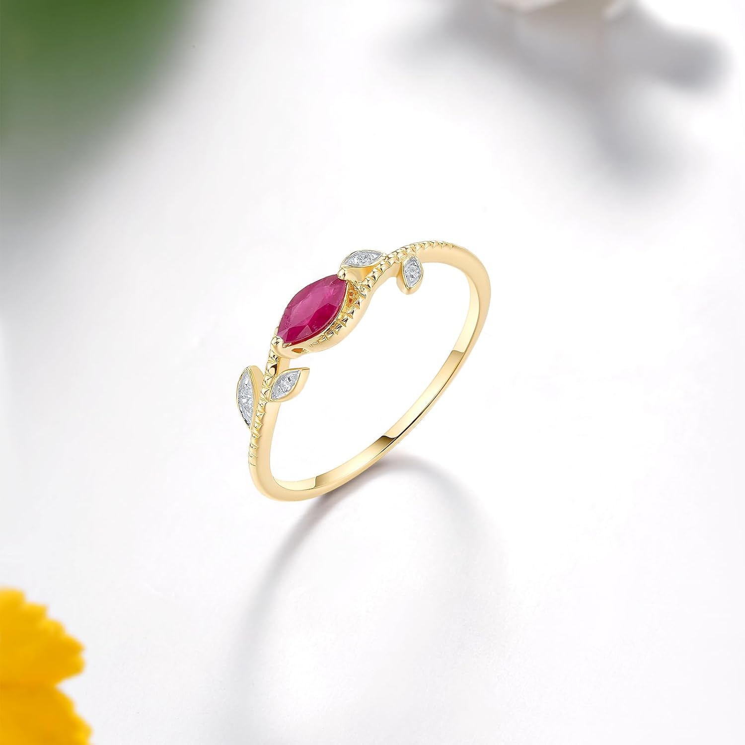 Santuzza 10K Solid Gold Solitaire Marquise Gemstone Genuine Diamond Dainty Ring for Women - Image 3