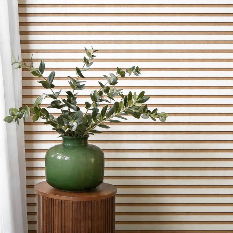 DECOON – Panel de pared listones de madera rígida 250 x 30 x 1,4 cm, decoración blanca y fondo de roble, revestimiento decorativo 3D para paredes interiores, fácil de colocar, efecto alivio moderno