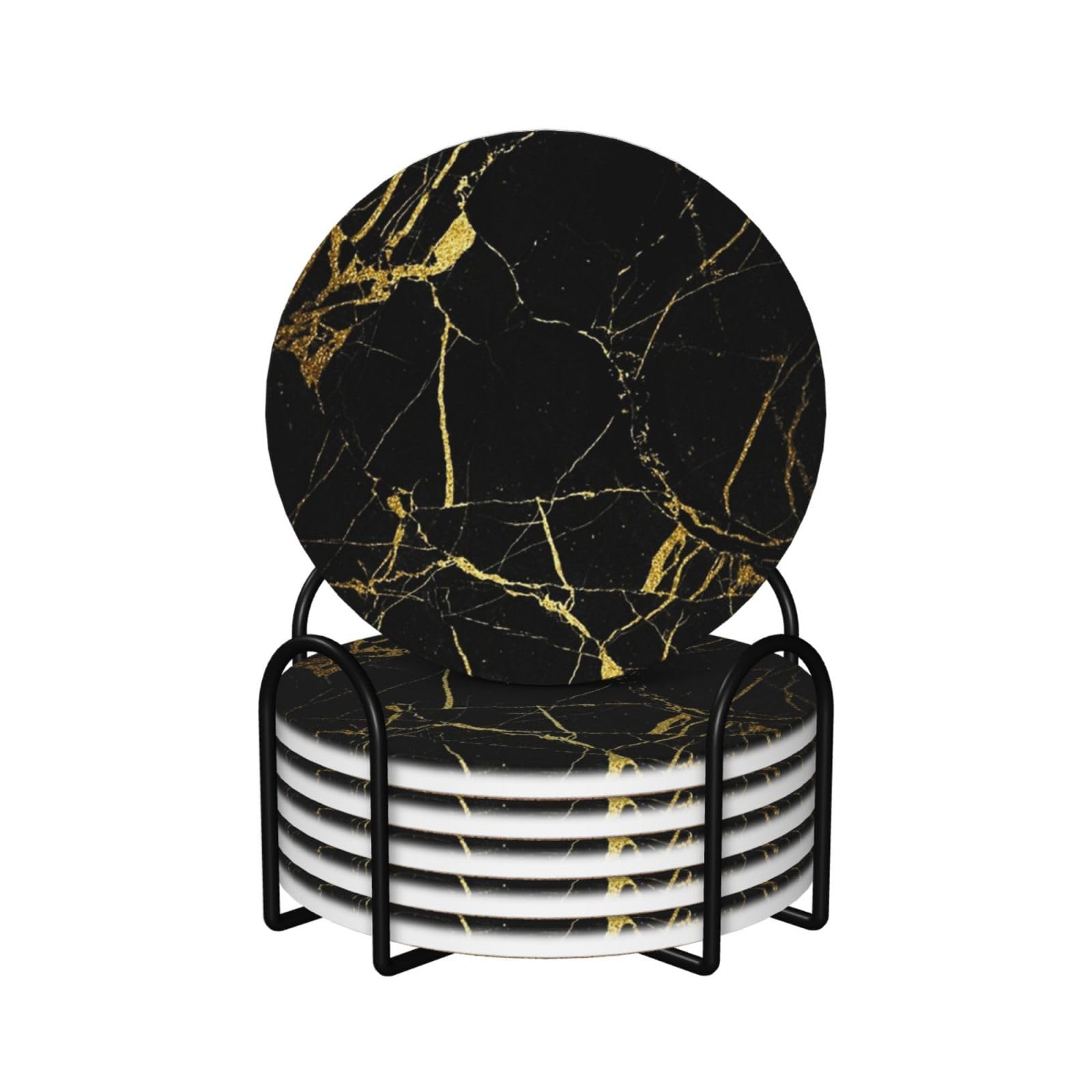 WKSGDSG Ceramic Coaster Set Of 6, Black Gold Marble Round Coasters For Drinks With Cork Base And Metal Holder Absorbent Anti Slip Coasters For Coffee Table Room Bar Home Decor Housewarming Gifts