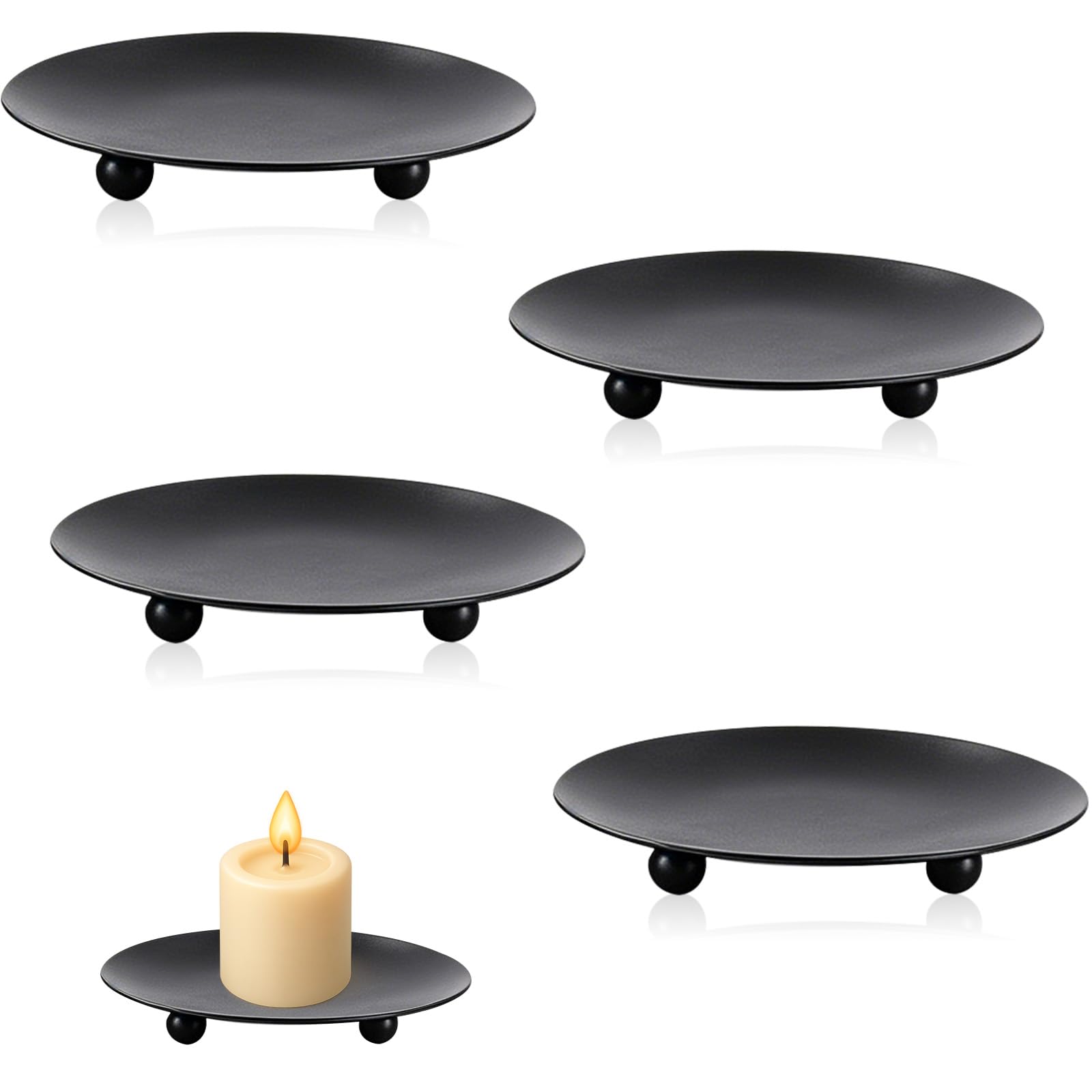 Gkhlg 4 Pack Candle Plate Rust Proof Iron Pillar Candle Holder Stable 3 Legs Design for Home Decor Lovers Wedding Party Dining Room Living Room Bedroom Decoration (Black, 9cm/3.54in)