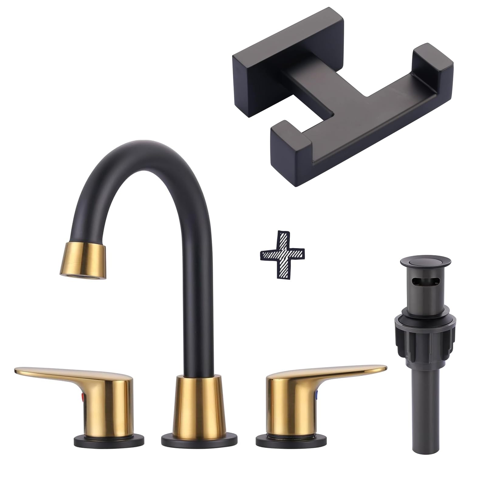 Sxithgkdw Black 2 Handle 3 Holes Widespread Bathroom Faucet, Bathroom Sink Faucet With Copper Pop Up Drain & Double Towel Hook