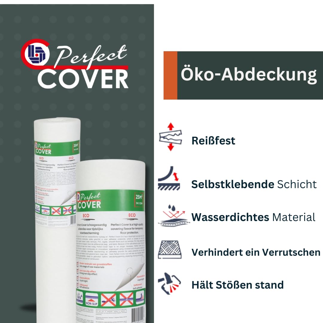 Perfect Cover Eco Malervlies Selbstklebend 25m² | 160 g/m² – Abdeckvlies für Bodenschutz bei Renovierung, Flüssigkeitsdicht, Rutschfest und Nachhaltig
