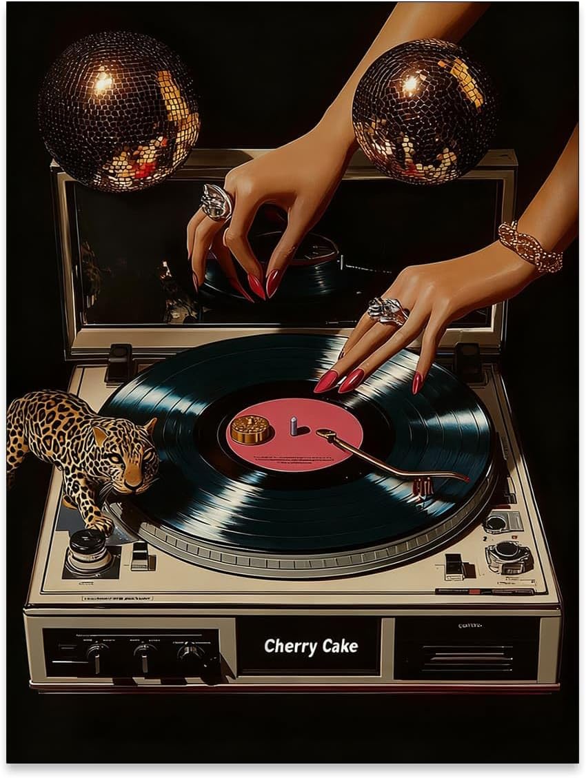YYS Vintage Vinyl Record Canvas Wall Art - Funky Disco Ball Turntable Aesthetic Poster 70s Music Prints 12x16in Unframed - Record Player Cheetah Pictures Artwork for Living Room Bedroom Dorm Decor
