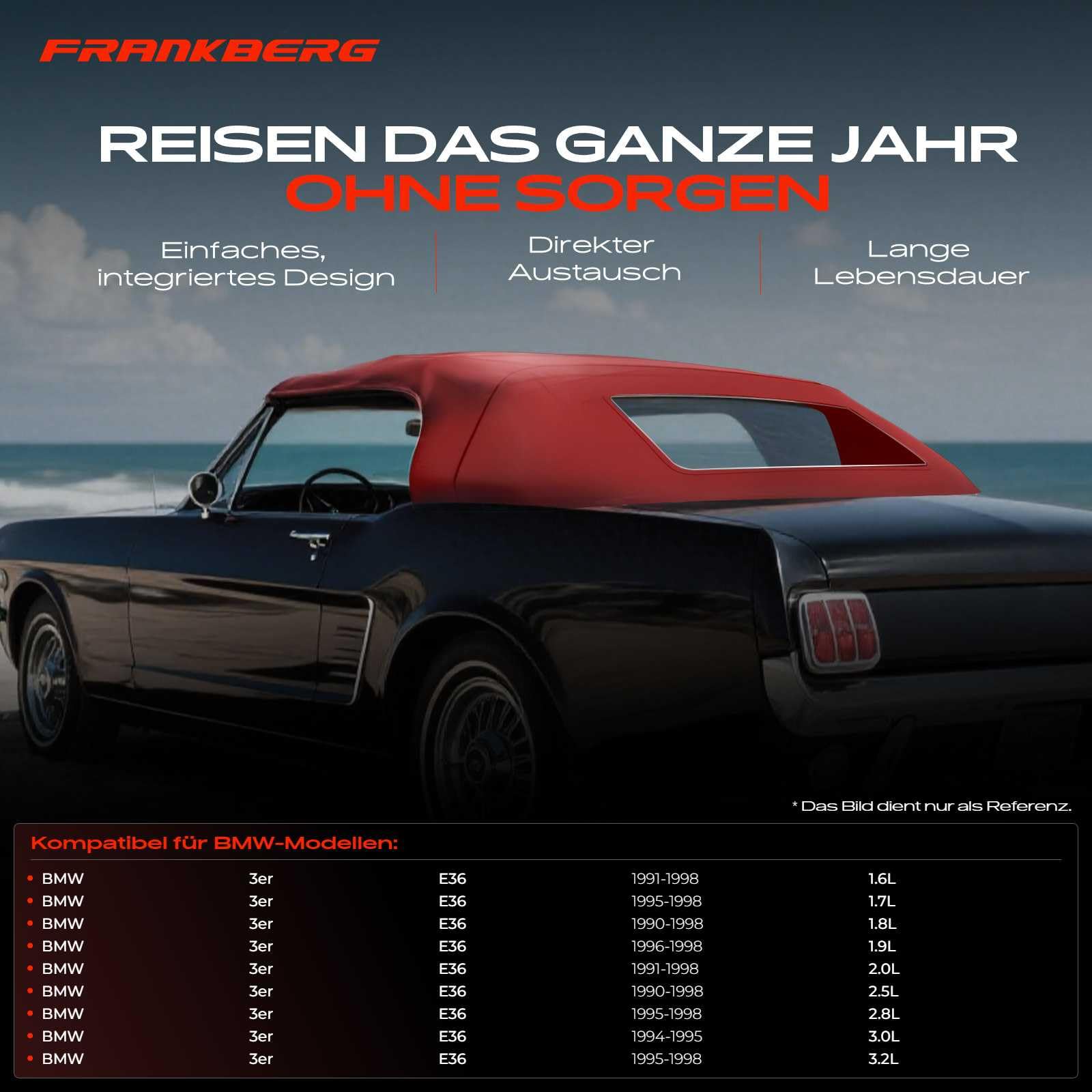 Frankberg Capota convertible Softtop Verdeckbezug BordeauxRojo Plastik Compatible con Serie 3 E36 1990-1998 Berlina