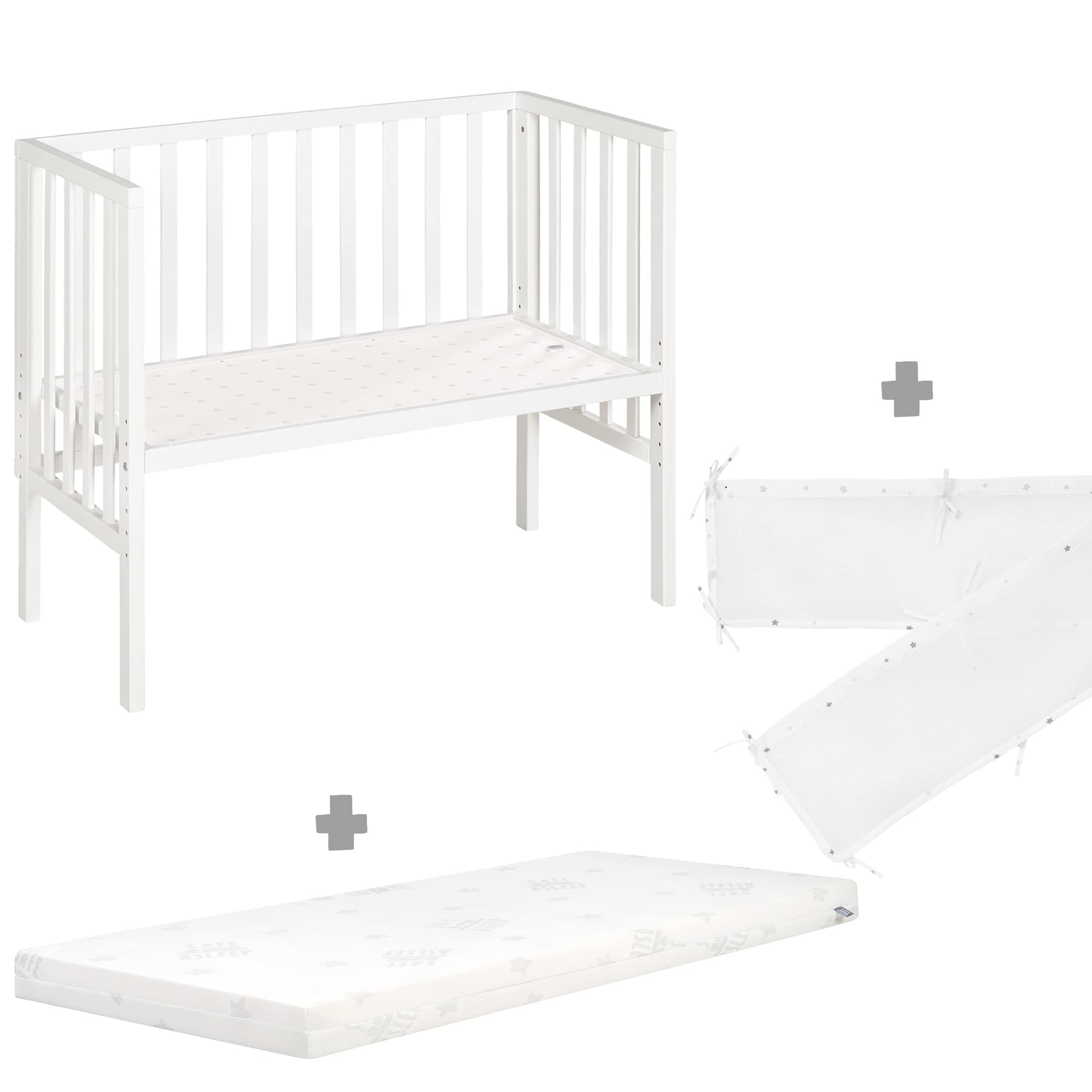 roba Lit Cododo 45 x 90 cm safe asleep® 2 en 1 - Hauteur Réglable - Petit Lit Complet avec Matelas + Barrière en Toile + Bordure en Maille - Ensemble de Lit Bébé - Bois Blanc