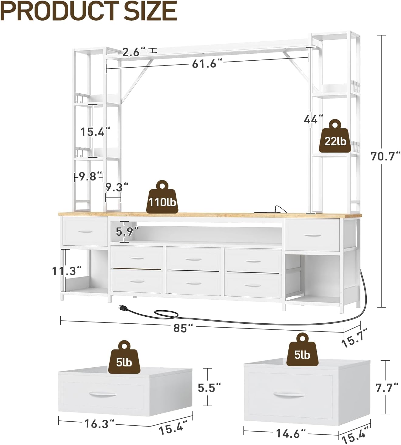 Large Entertainment Center for Living Room, Wall Unit TV Stand with Bookshelves for TVs up to 65", Media Cabinet with Storage Drawers, LED TV Console with Power Outlets, White and Natural