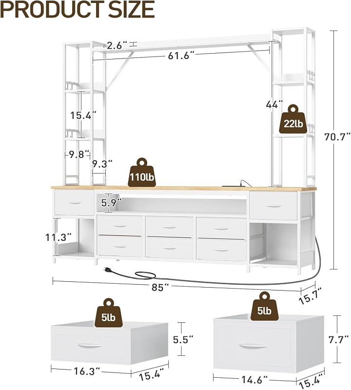 RALGEND Large Entertainment Center for Living Room, 85“W Wall Unit TV Stand with Bookshelves for TVs up to 65", Media Cabinet with Storage Drawers, LED TV Console with Power Outlets, White and Natural image 2