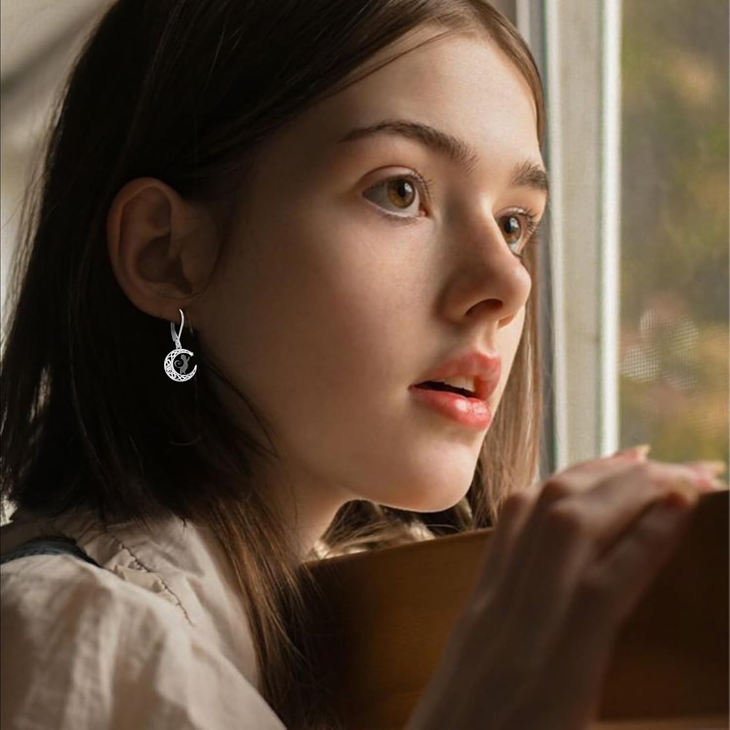 CUOKA MIRACLE Black Cat Earrings S925 Sterling Silver Moon Black Cat Earrings for Women Dangle Leverback Earring Moon Cats Earring Jewelry Gifts for Women Cats Lover - Image 6