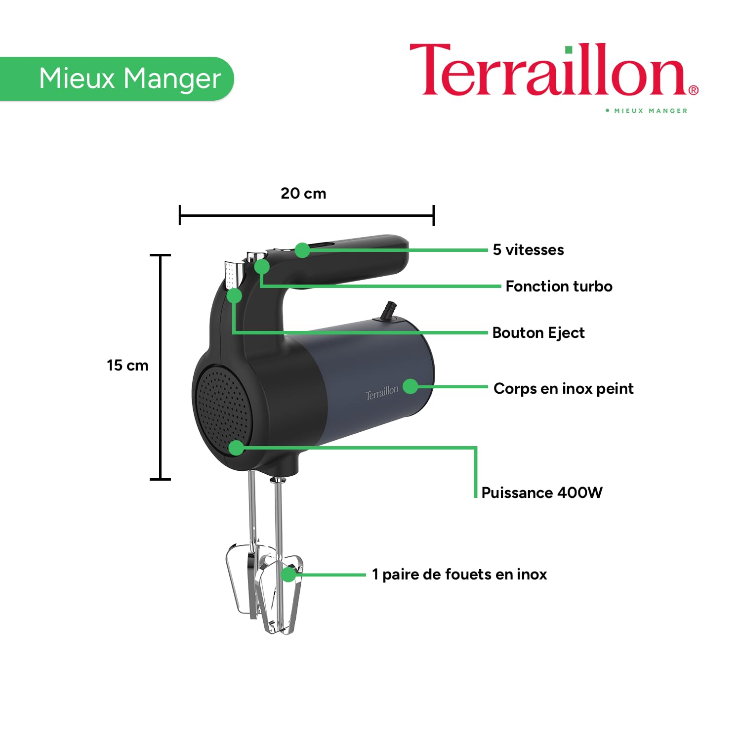 TERRAILLON - NEW MOON- Batteur Electrique, Fouet Inox, Fonction turbo, 5 vitesses, 400W, Bouton Eject, Corps en Inox peint, Bleu