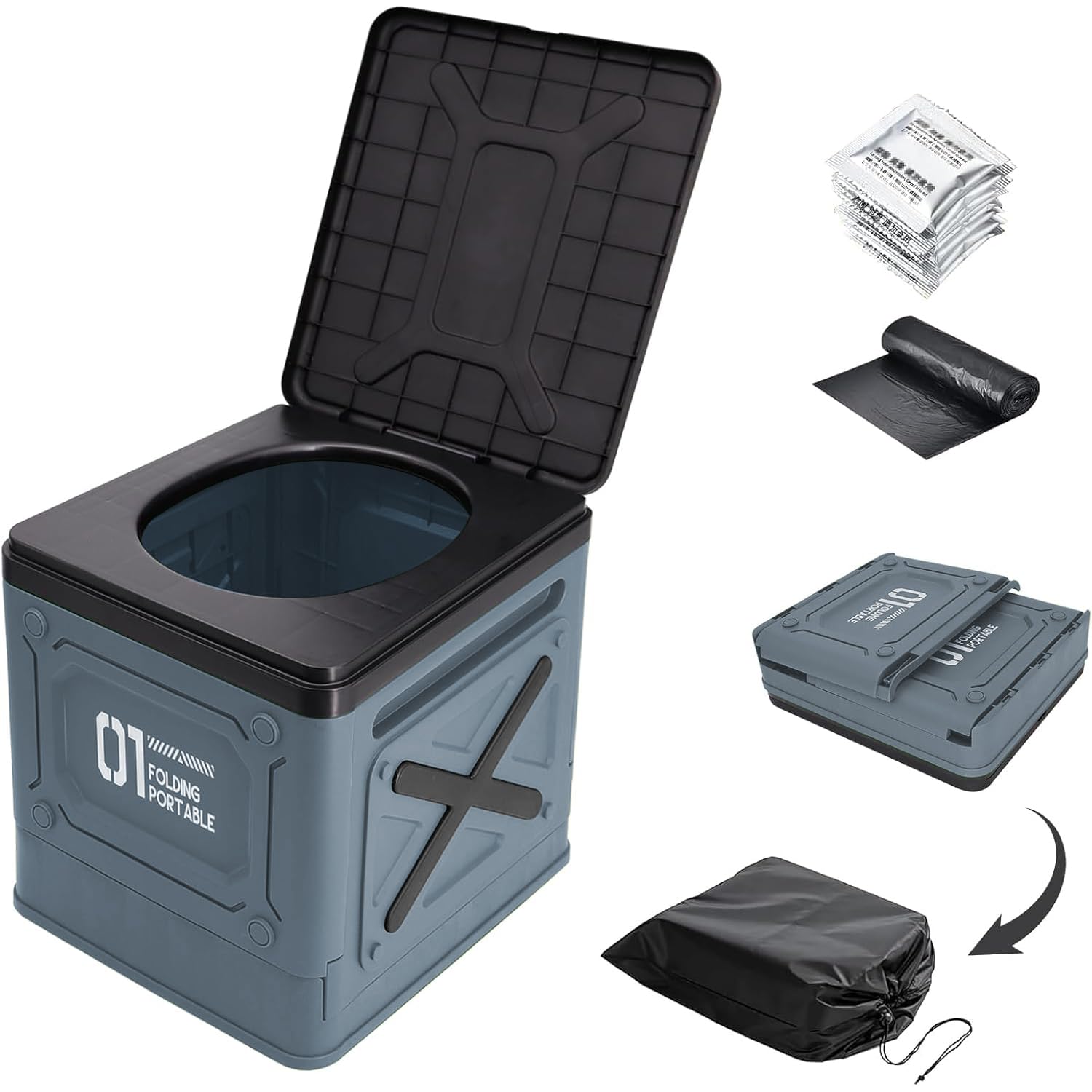 Foldable Portable Toilet for Camping & Travel – Heavy Duty 150kg Capacity, PP-ABS Collapsible Toilets Stool with Storage Bag, Waste Bags & Solidifier – Emergency Toilet for Car, RV, Fishing
