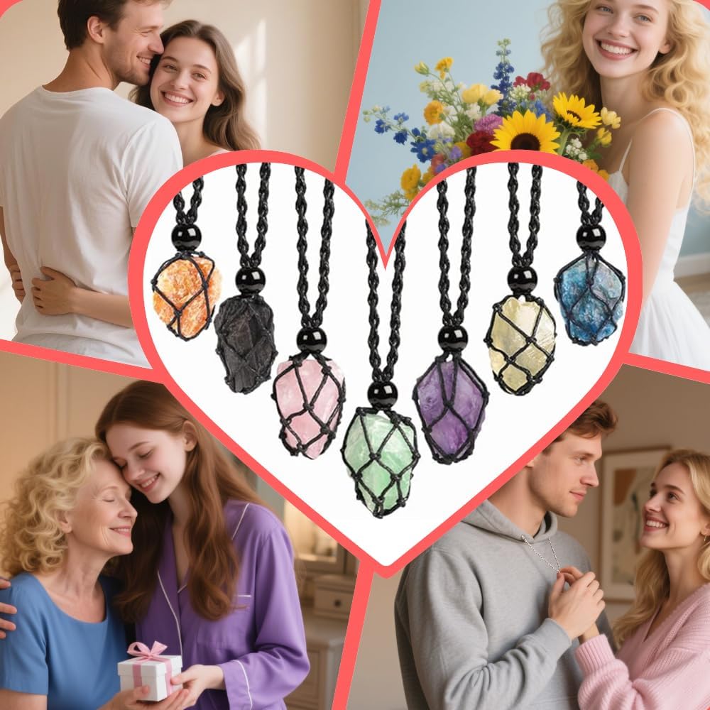 Anjiucc Natural Gemstone Crystal Pendant Necklace Stone Holder Necklace Cord Hand-Woven Necklace with Adjustable Length for Women Men - Image 4