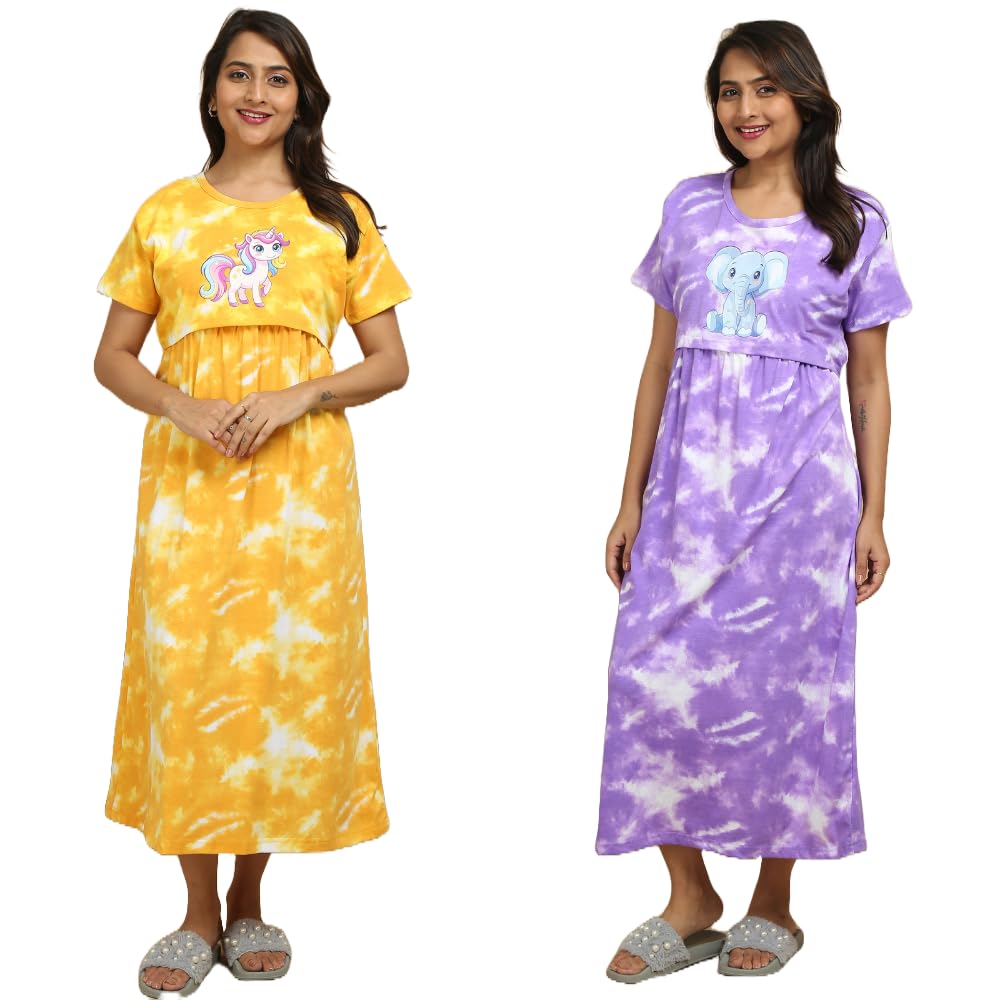 Mayaval Cotton Maternity & Nursing Dress Set for Women – Pack of 2 Midi Feeding Dresses in Yellow and Lavender Tie-Dye Prints-image-1