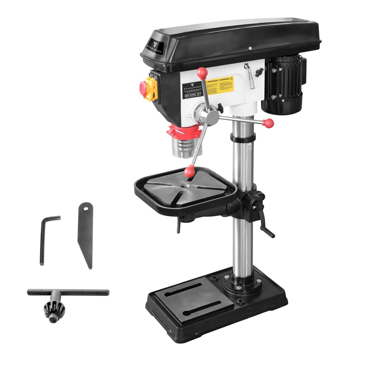 STAHLWERK Taladro de columna - Robusto taladro de columna de 550 W para bricolaje, metalistería y modelismo, diámetro de perforación Ø 16 mm, 200-2.800 rpm, robusta mesa de perforación