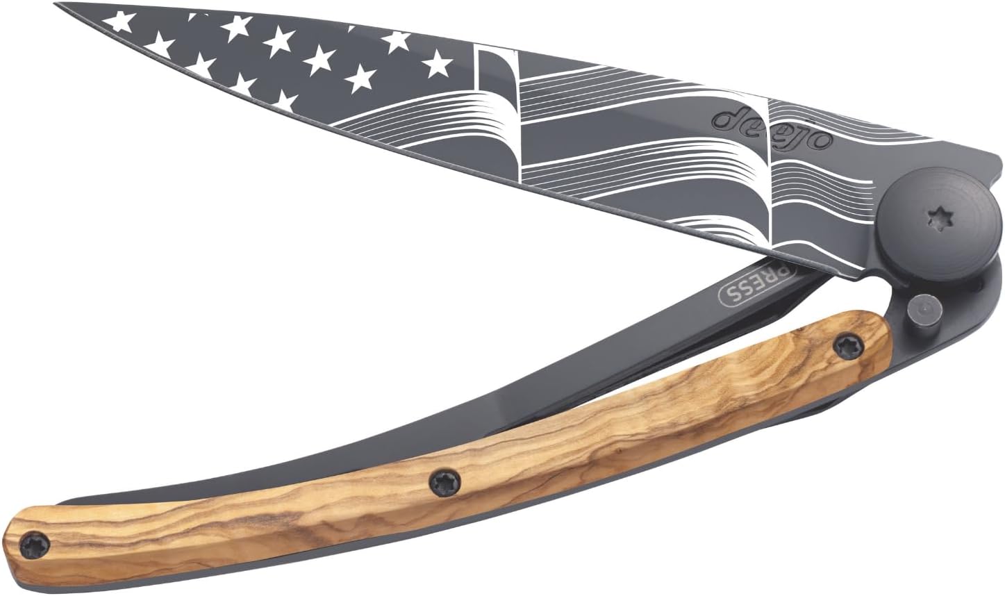 deejo - 27G Folding Pocket Knife with Belt Clip - Stars and Stripes Design, 2.95-Inch Stainless Steel Blade, Black Titanium Finish, Olive Wood Handle - Lightweight EDC for Home, Work, and Outdoor Use