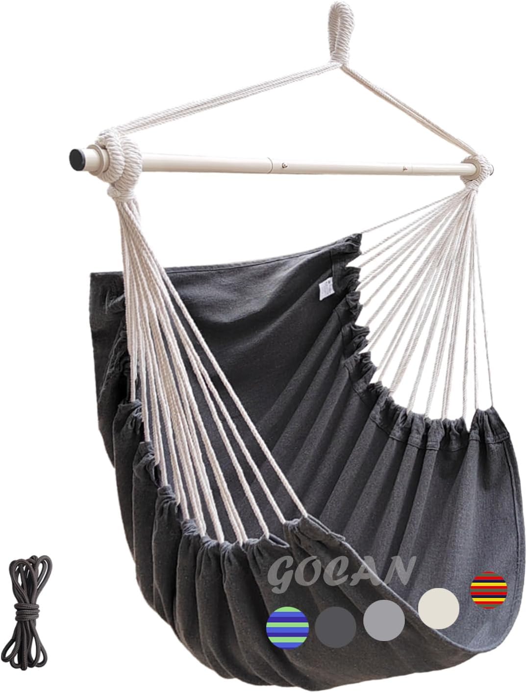 GOCAN Hammock Chair Large Hammock Swing,110 X 150cm Load 150kg,Cotton Hanging Chair Hardwood Spreader Bar Wide Seat Swing Chair (Dark Grey)