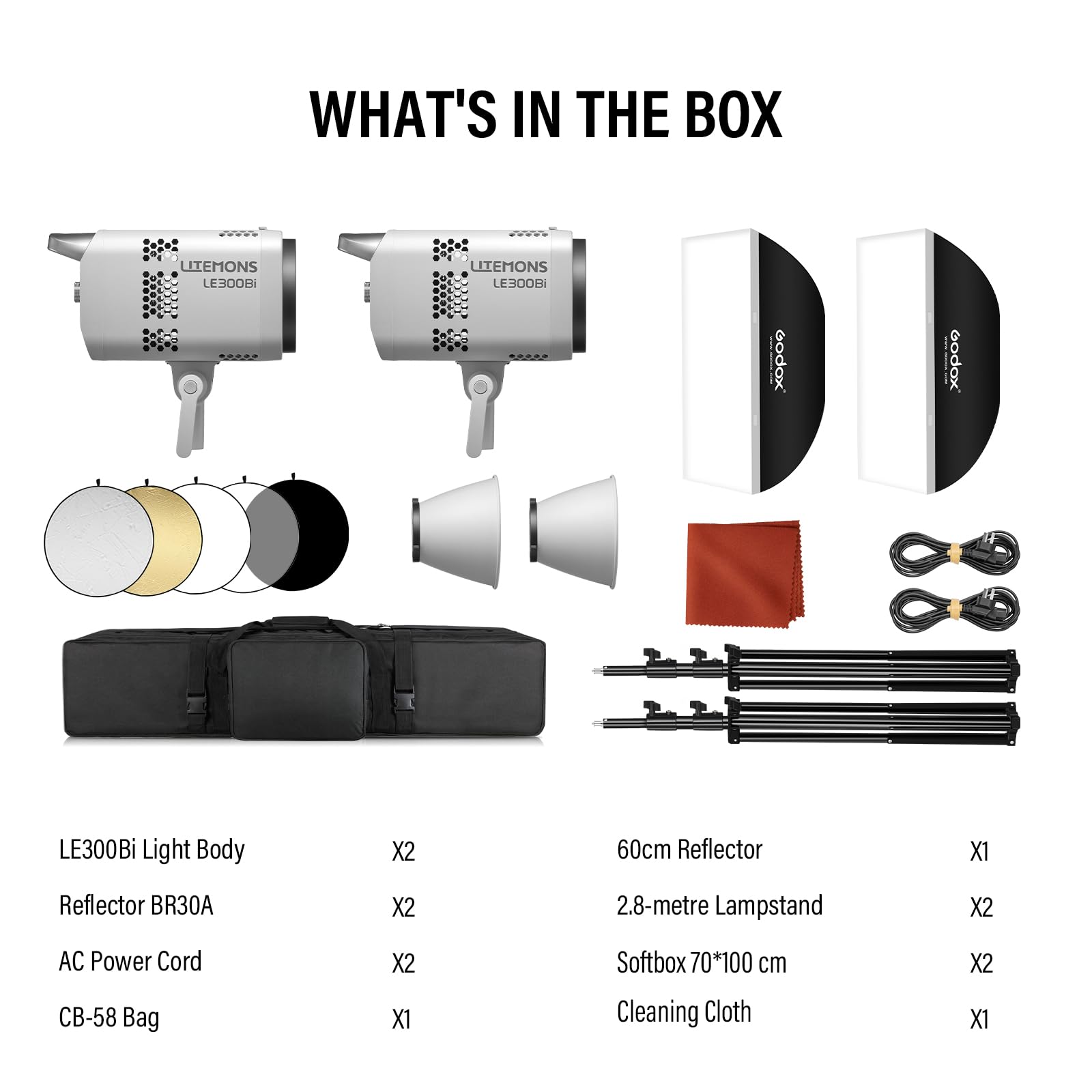 Godox 2-Pack Litemons LE300Bi LE300 Bi LED-Dauerlicht 320W 2800K~6500K 58900 Lux/1m TLCI/CRI≈98 Bluetooth-Steuerung 11 FX-Effekte Bowens-Halterung Videoleuchte für Live-Streaming (White)