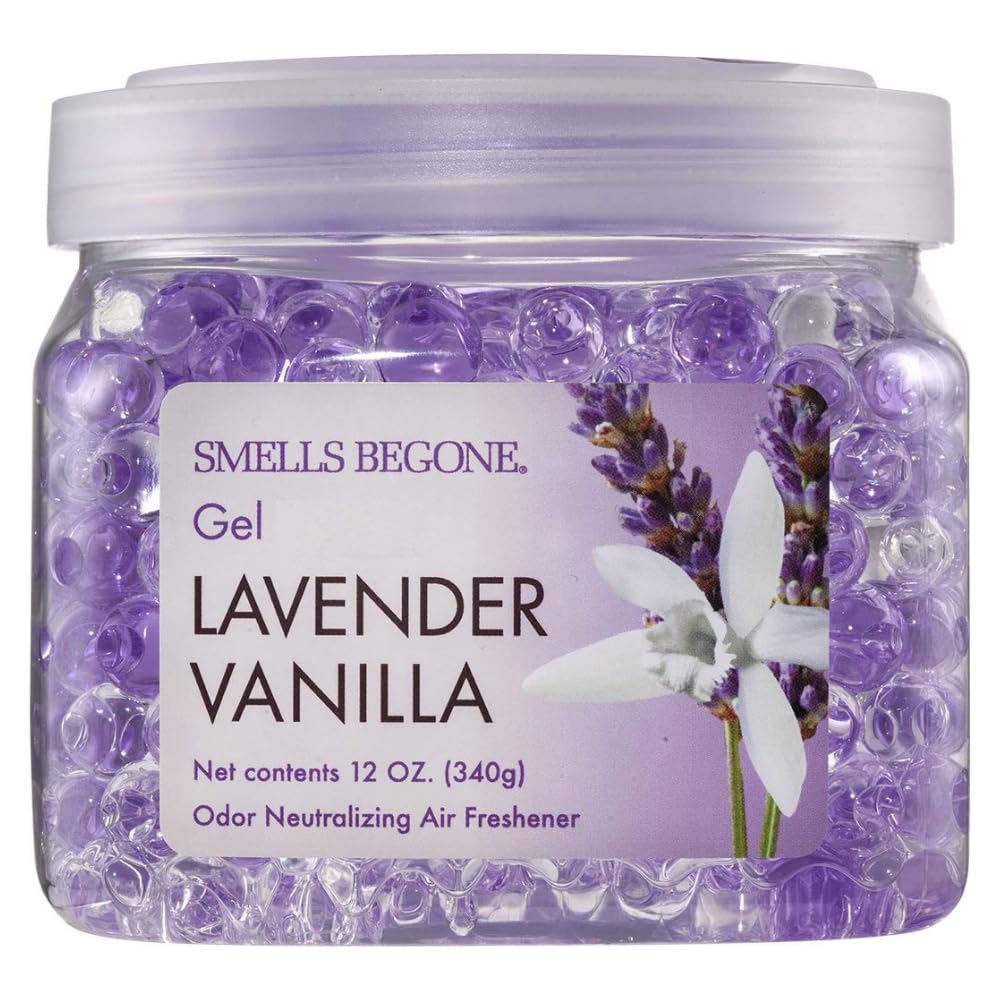 SMELLS BEGONE 12 oz Odor Eliminator Gel - Air Freshener - Absorbs & Eliminates Odor in Bathrooms, Basements, Cars, Boats, RVs & Pet Areas - Made with Essential Oils - Lavender Vanilla