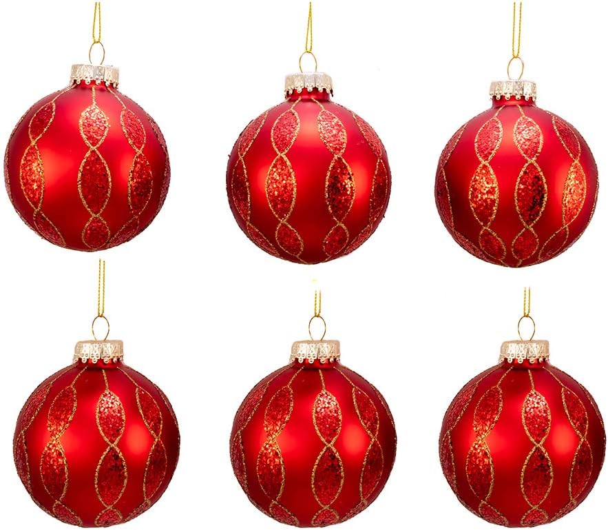 Kurt S. Adler Kurt Adler 80MM Glitter Pattern Glass Ball, 6 Piece Box Ornament, red, Gold, 6 Count for Christmas