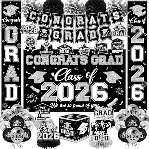 Black and Silver Graduation Decorations 2026 Set All-in-1 Kit with Congrats Grad Banner Class of 2026 Backdrop Porch Sign Balloons Centerpieces Card Box Pom Poms Streamers for College High School