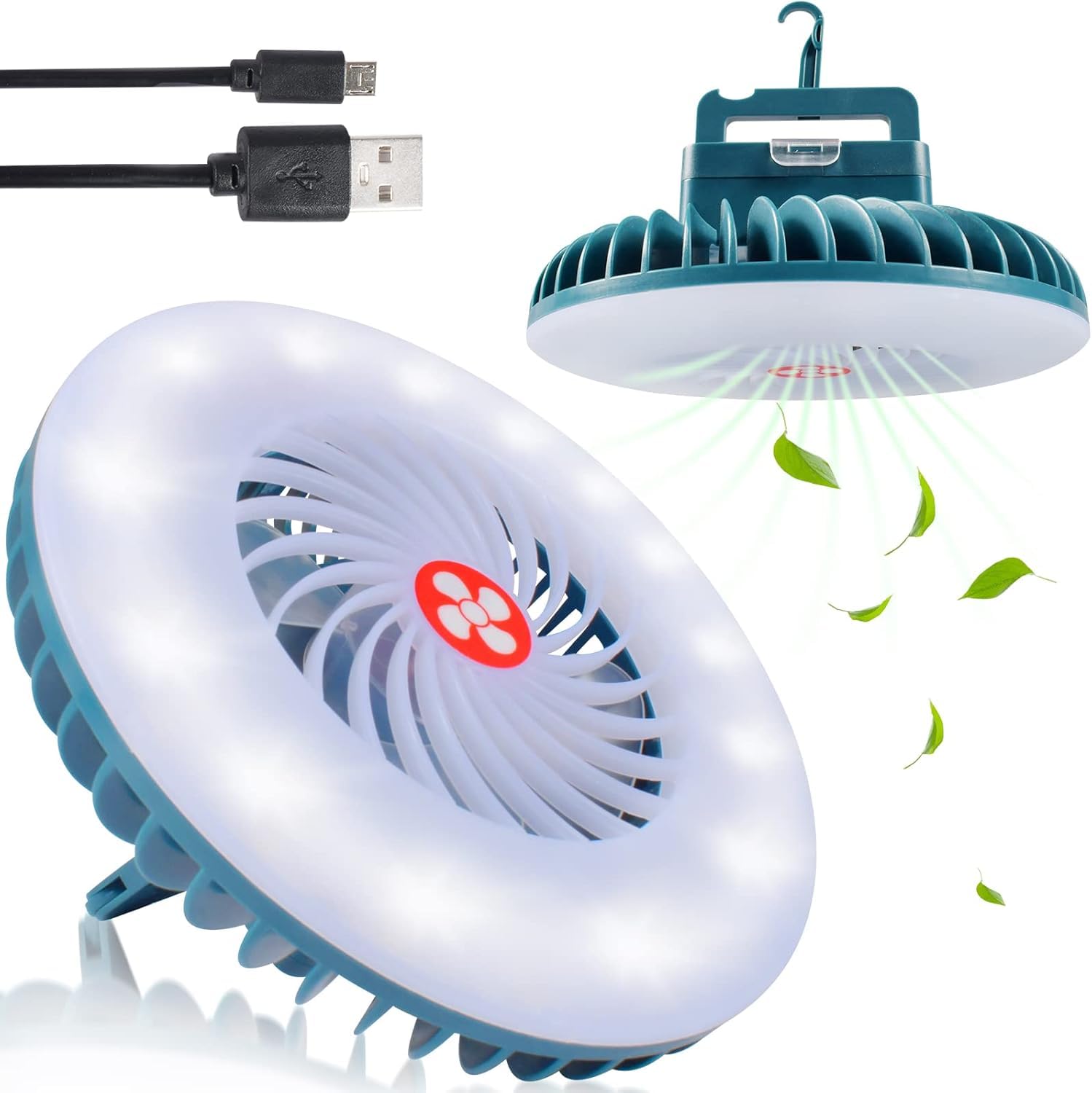 Funmo Ventilatore da campeggio a LED, lampada a LED portatile 2 in 1 con ventilatore da soffitto, lanterna da campeggio ricaricabile USB per esterno, ufficio, griglia