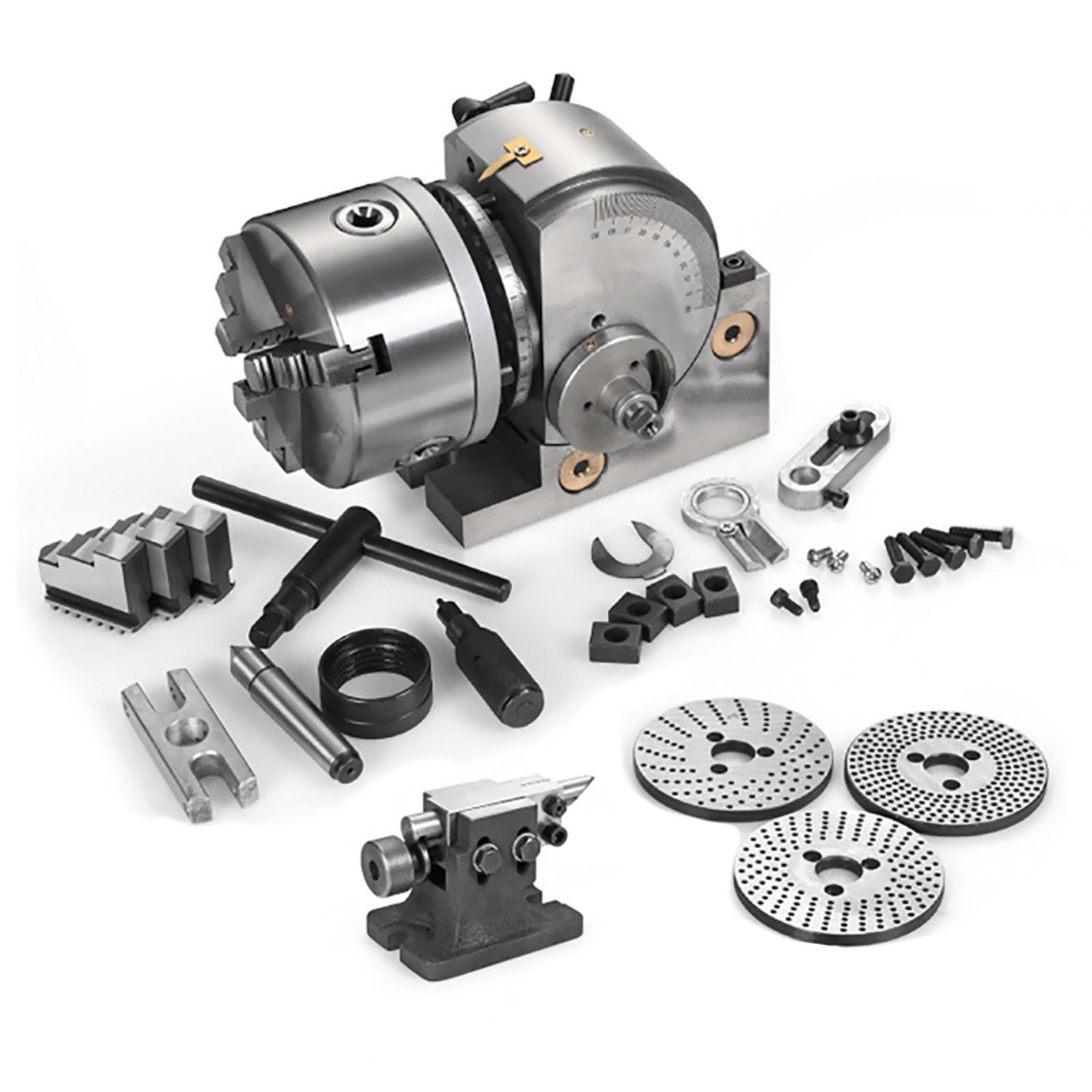FHRKA Heavy Duty 3 Jaw Chuck Dividing 4/5/6 inch Semi-Universal Milling Set,MT2 Tailstock,Dividing Plates,1:40 Indexing Ratio (6 inch)