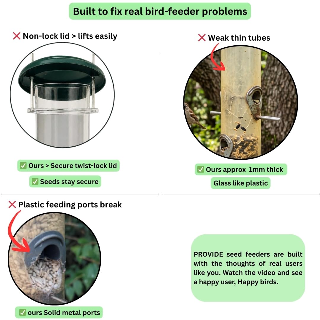 PROVIDE Comedero grande de acero inoxidable para pájaros, fácil de limpiar, comederos para pájaros pequeños, comederos para pájaros silvestres fáciles de abrir. Comedero colgante para semillas,