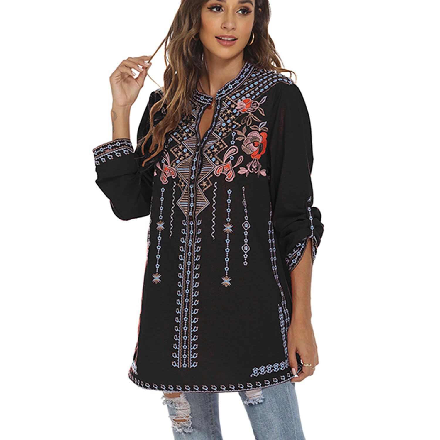 Bluse Stickerei Damen,Folklore Bluse Damen Stickerei Mexiko,Langarm Hippie Kleidung Boho Rundhalsausschnitt Blouse mit Blume Stickerei