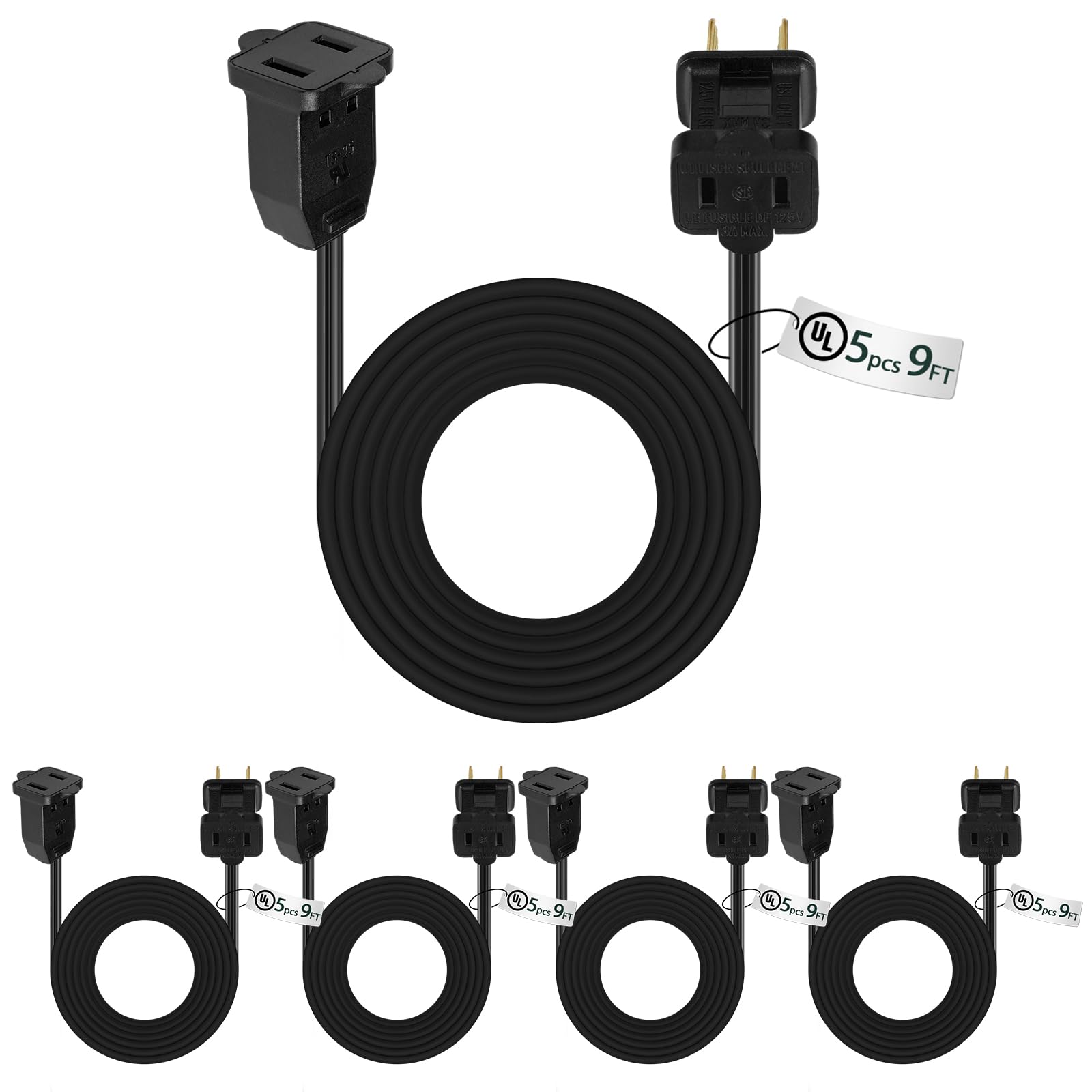 Kanayu 5 Pack Black 9 ft Indoor Extension Cord 2 Prong Electric Cord Extender, Wire Plug in and End, Ac 120 Volts, for Outdoor Christmas Connect or Extend