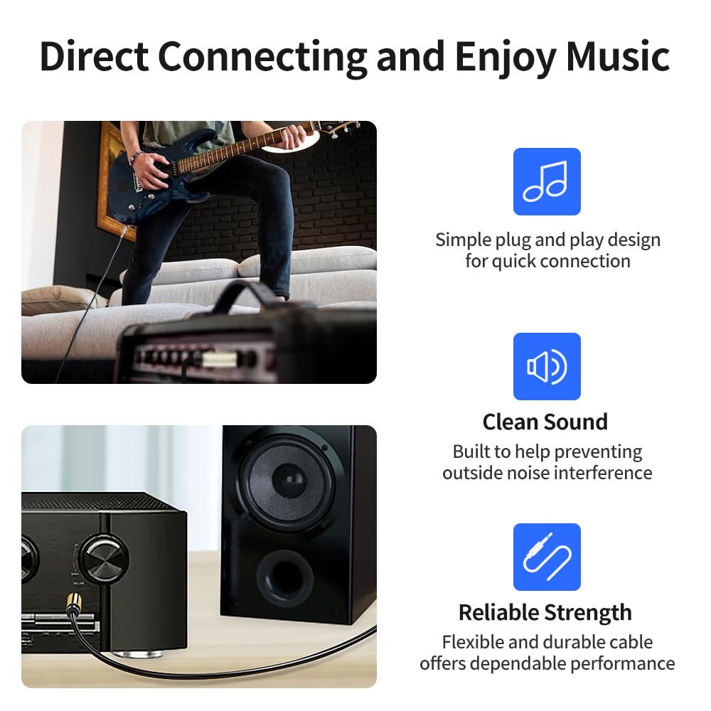 Paquete de 2 cables de instrumento TS de 1/4 de pulgada de 30 pies/10 m, cable jack mono de un cuarto de pulgada para guitarra eléctrica, mandolina, amplificador de bajo, teclado, mezclador