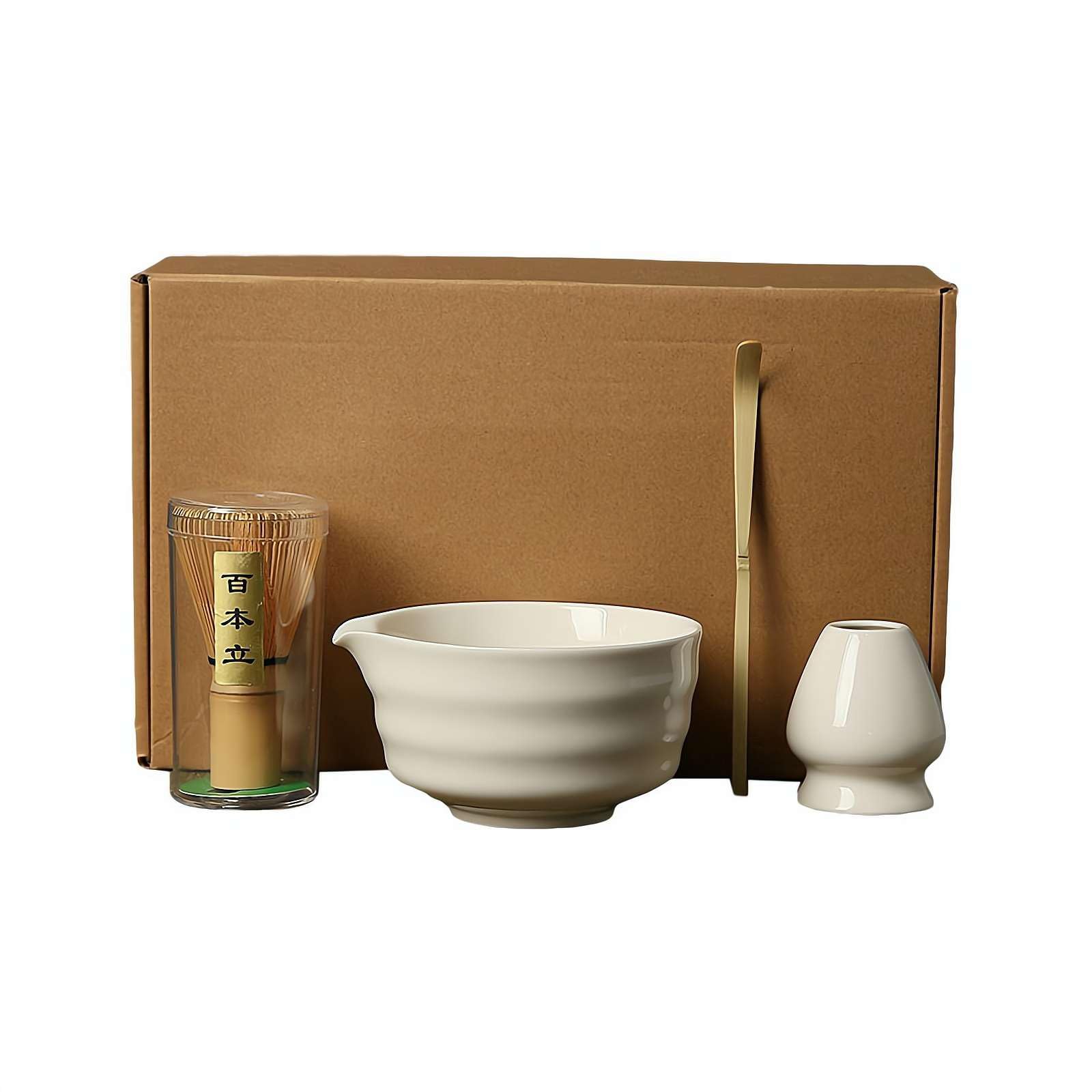 Set Matcha Japonais 5 Pièces – Kit Thé Matcha Avec Fouet Chasen Cuillère Chashaku Bol à Thé Support Et Petite Cuillère – Idéal Pour Cérémonie Du Thé – Blanc